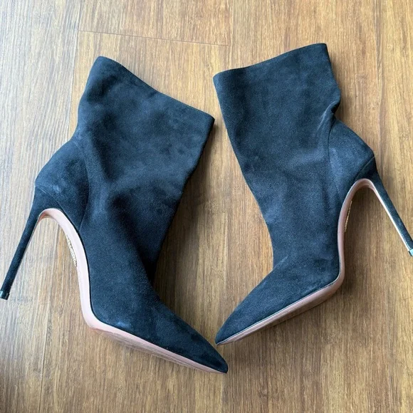 Aquazzura Boots Women 38.5 US 8 Matignon Black Suede Leather Stiletto Heel Booti